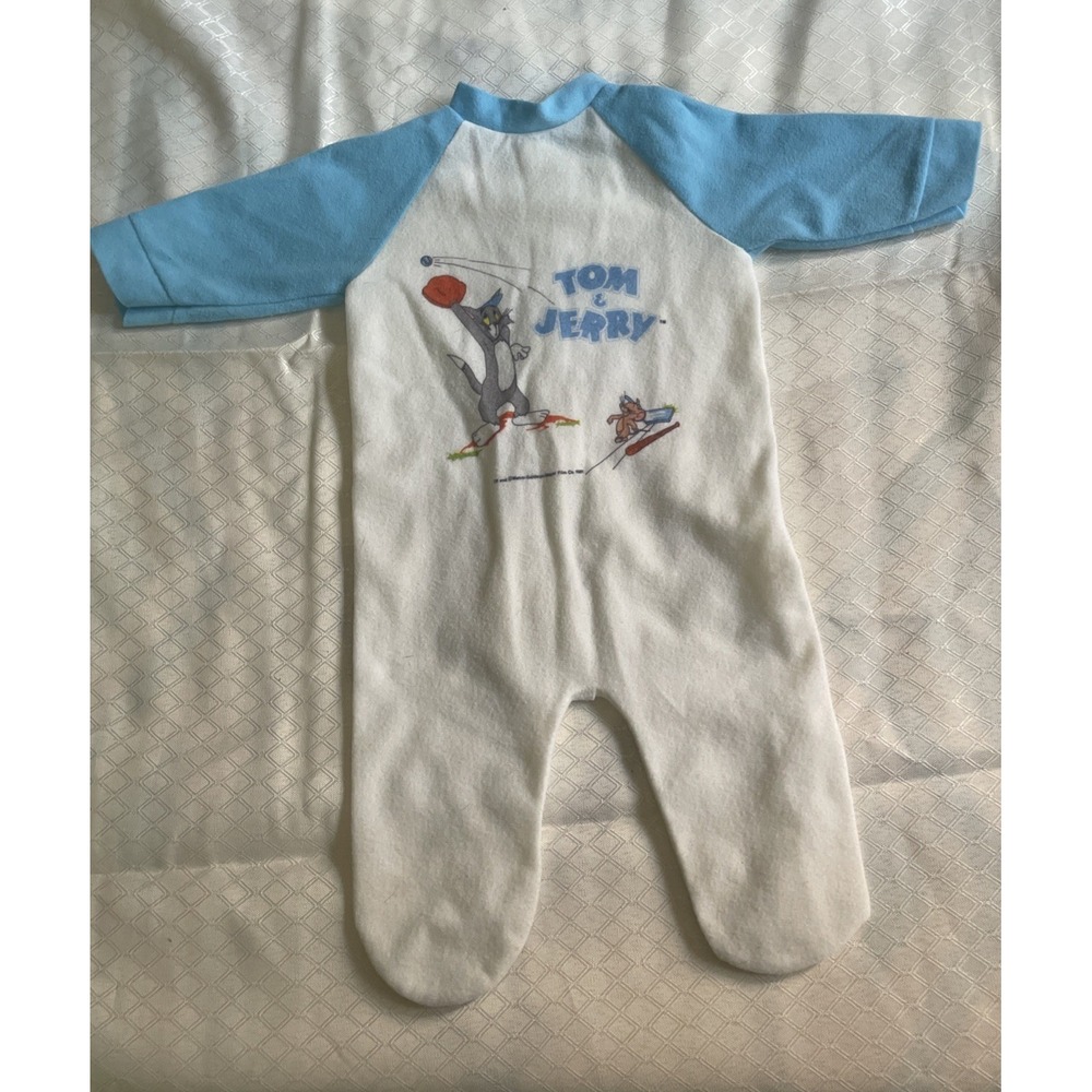 Vintage 1981 Tom & Jerry Baby Sleeper Baseball 0-3 Months ? Button Up Blue/White